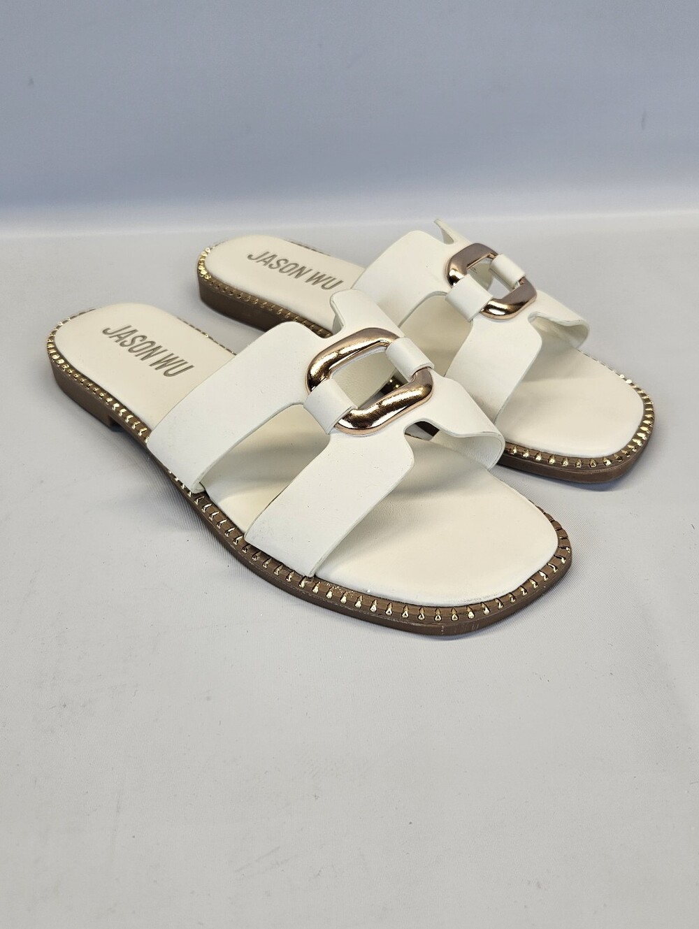 Jason Wu Danis Slides Sandals Flats White Gold Studded Womens 9 Classic Capsule